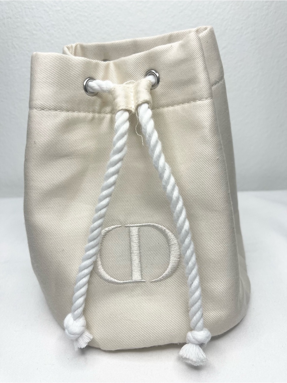 Dior Cream Canvas Mini Bucket Bag with White Rope Drawcord GWP